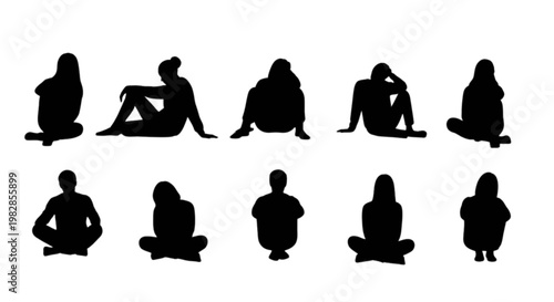 Silhouettes of people sitting in various relaxed and contemplative poses isolated on transparent background, Vector