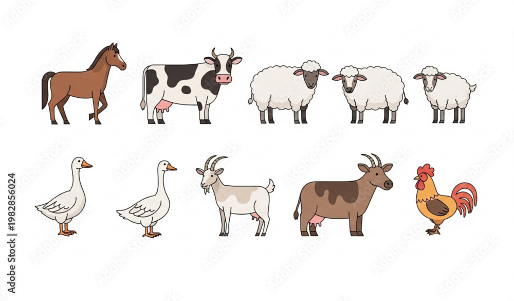 Obraz premium Farm animal vector bundle with horse cow sheep goat goose and rooster set