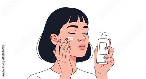 Illustration of a young woman applying face cream from a pump bottle, focusing on skincare and beauty routines