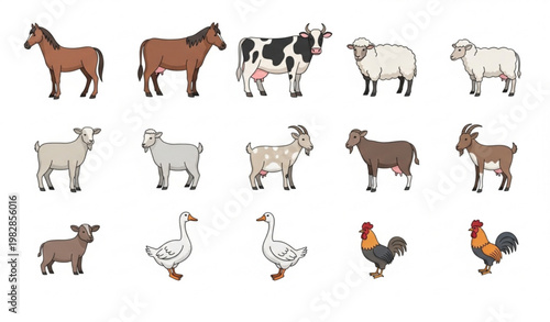 Farm animals vector set with horse cow sheep goat goose and rooster