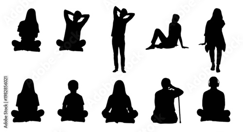 Silhouettes of diverse individuals in various sitting and standing yoga poses isolated on transparent background, Vector