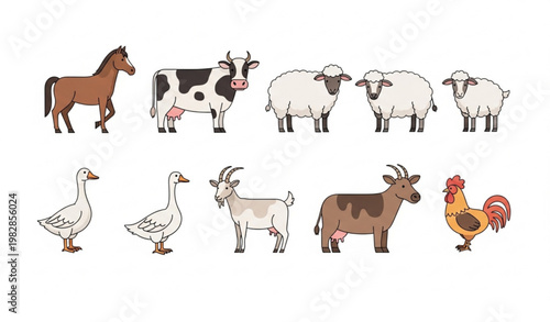 Farm animal vector bundle with horse cow sheep goat goose and rooster set