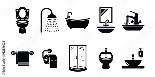 Bathroom plumbing icons set, black silhouette sanitary equipment collection, 10 vector elements for restroom interior design and home renovation