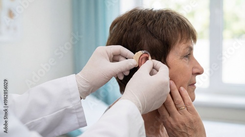 A doctor fitting a hearing aid into an elderly person's ear
