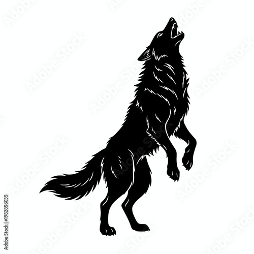 Silhouette of a wolf howling at the moon with its back arched, illustrating the wild spirit and primal instinct of the animal in a stylized graphic