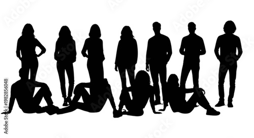 Silhouettes of a diverse group of people engaging in various activities together isolated on transparent background, Vector