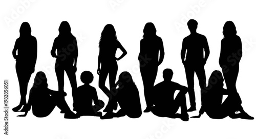 Group of diverse silhouetted people engaging in casual outdoor activities isolated on transparent background, Vector