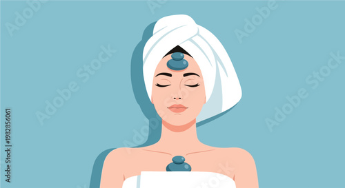 Relaxing facial massage with gua sha stones and towel, head and neck treatment for beauty and wellness