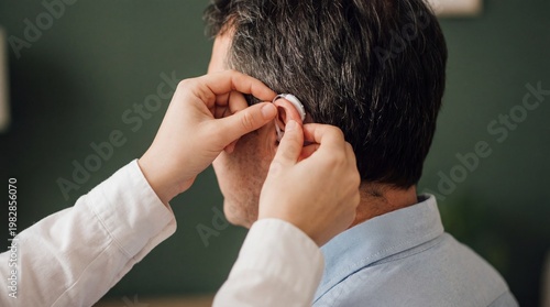 A doctor fitting a hearing aid into a patient's ear carefully