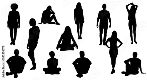 Silhouettes of diverse people engaging in various activities and poses isolated on transparent background, Vector