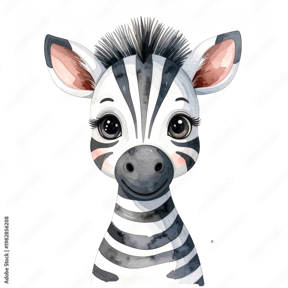 Fototapeta premium Minimalist watercolor illustration of Cute cartoon zebra