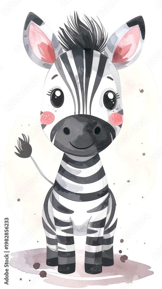 Fototapeta premium Minimalist watercolor illustration of Cute cartoon zebra