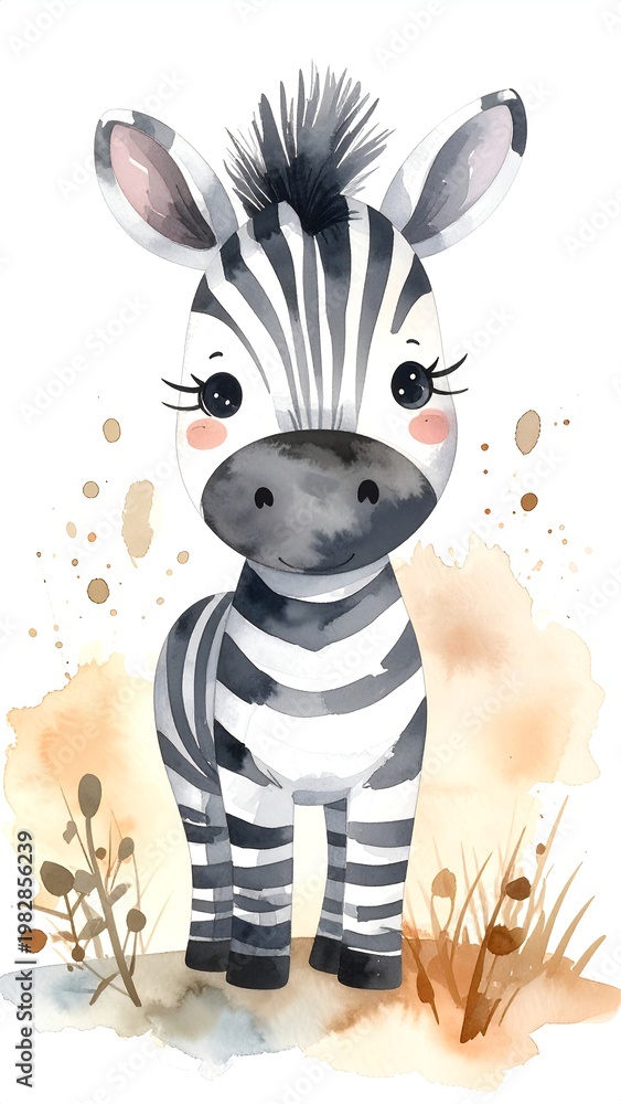 Fototapeta premium Minimalist watercolor illustration of Cute cartoon zebra