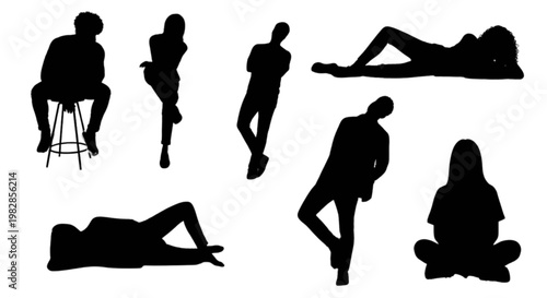 Silhouettes of people in various relaxed and active poses isolated on transparent background, Vector