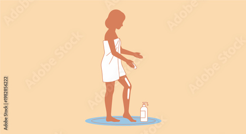Woman applying lotion to legs after shower, self-care routine illustration