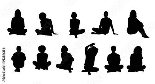 Silhouettes of people sitting in various relaxed poses on the ground isolated on transparent background, Vector