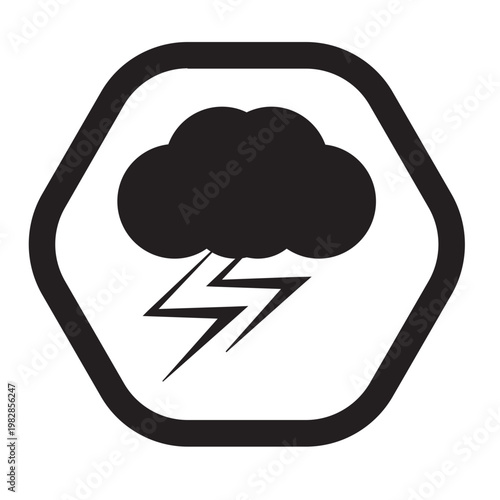 Weather icon depicts stormy weather with dark cloud lightning
