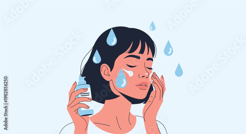 Illustration of a young woman applying skincare products to her face, with water droplets symbolizing hydration and freshness
