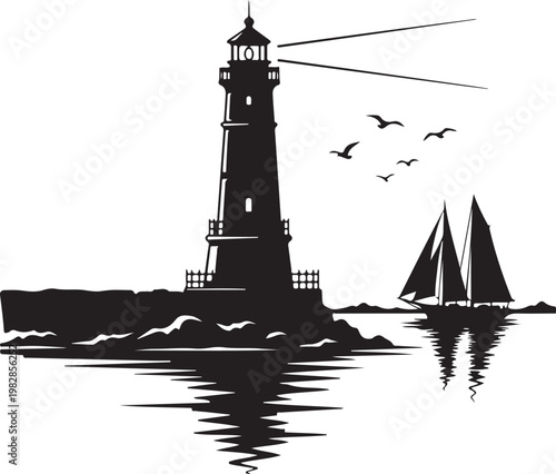 Lighthouse, sailboats, rocky coastline, black silhouette vector, nautical scene, ocean landscape