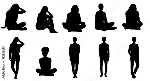 Diverse silhouettes of people engaging in various seated and standing poses isolated on transparent background, Vector