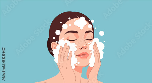 Close-up illustration of a woman washing her face with soap foam against a plain background