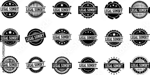 Collection of twenty diverse vintage black and white legal badges, stamps, and seals. Distressed retro design elements for certification, official documents, and authentic branding.