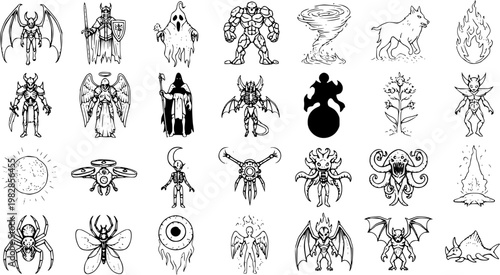Fantasy Gaming Characters, Mythological Creatures, and Sci-Fi Monsters Black and White Line Art Vector Icon Set