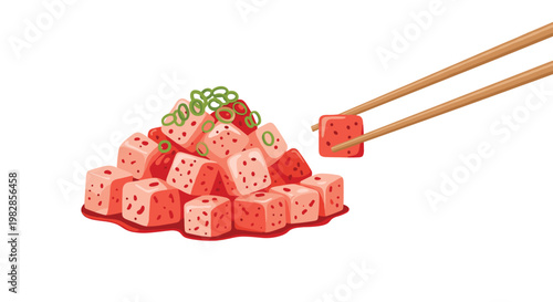 A pair of traditional wooden chopsticks carefully picks up a single spicy red glazed cube from a mound of food garnished with fresh green scallion rings.