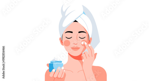 Woman applying moisturizer to her face after bathing, enjoying a skincare routine with a clean and refreshed feeling