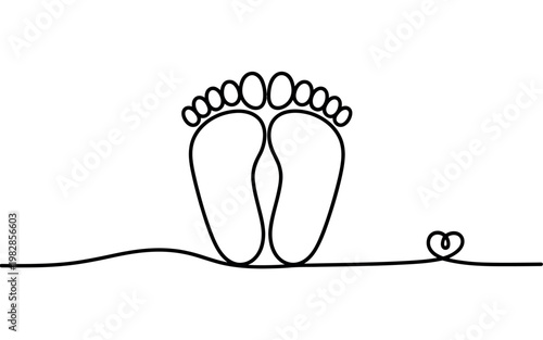 A minimalist line drawing of bare feet with a heart on the ground