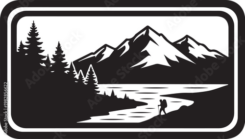 Black and white, mountain landscape, outdoor adventure, scenic vector illustration