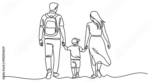 Happy family in continuous line art drawing style, featuring minimal outline figures, emotional connection, and modern abstract illustration ideal for lifestyle themes, parenting content, and creative