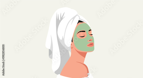 Illustration of a woman with a green facial mask on her face and a towel wrapped around her hair, symbolizing self-care and beauty treatments