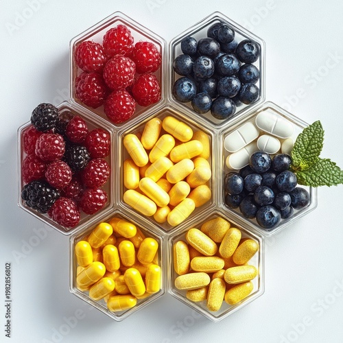 hexagonal containers arranged in a honeycomb holding raspberries, blackberries, blueberries, yellow capsules, white tablets and a mint sprig on a clean white background, fresh and clinical contrast