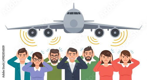 Airplane Noise Disturbs People Covering Ears.