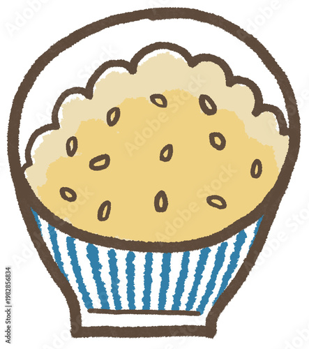 青い縞のお茶碗に入った手描き風の玄米ごはん、シンプルでかわいくデフォルメしたイラスト(暮らしシリーズ)