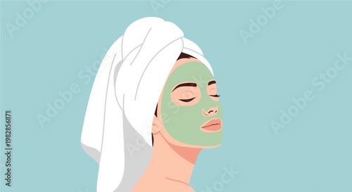 Relaxing woman with a green facial mask and towel on her head enjoying a moment of self-care and beauty treatment