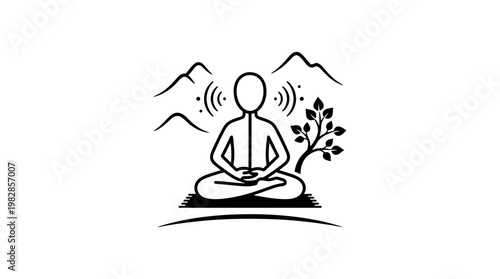Meditating Figure with Nature Elements Black and White Icon