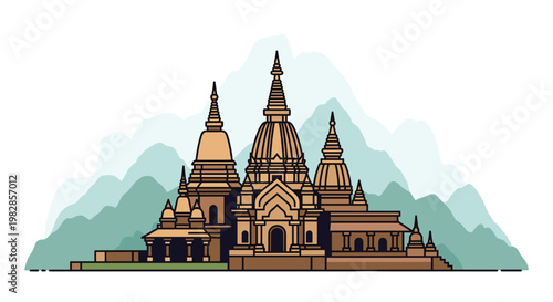 Detailed architectural illustration of traditional brown Buddhist temples and stupas situated in front of layered misty green mountain silhouettes under a clear sky.