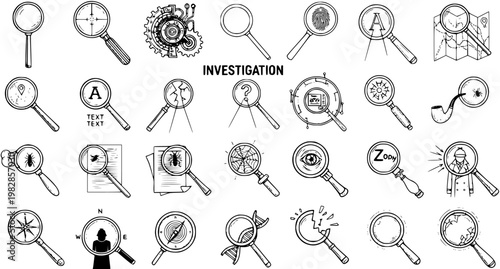 Hand Drawn Investigation Magnifying Glass Line Art Icon Set. Detective, Research, Science, Search, and Forensics Outline Vector Collection.