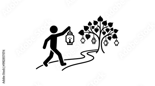 Person Walking Towards Illuminated Tree with Lantern