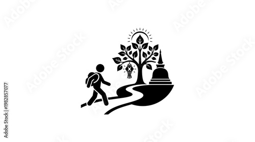 Pilgrim Approaching Temple Amidst Nature Icon