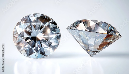 Two sparkling cut diamonds on a reflective white surface, one round brilliant viewed from the top and one tilted side profile, dazzling elegant luxury and pristine clarity