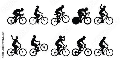 Cyclist silhouette collection, 10 professional bicycle rider icons, mountain bike and road cycling athletes, competitive racing and leisure biking vector set