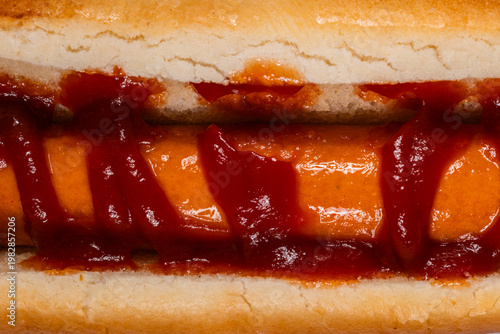 Delicious sausage sandwich with barbecue topping