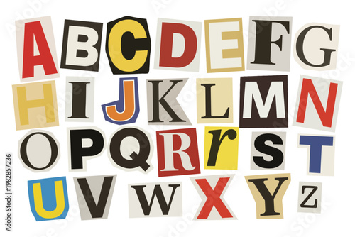 Alphabet set made of assorted magazine newspaper cutout letters vector illustration