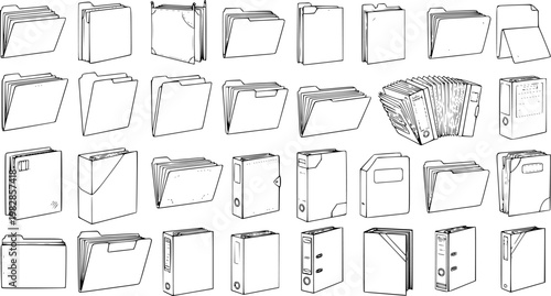 Business Document Organization Black and White Line Art Set. Outline Icons of Office Files, Folders, Binders, and Archive Boxes for Administration, Archiving, and Paperwork.