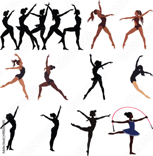 girls practice rhythmic gymnastics Silhouette