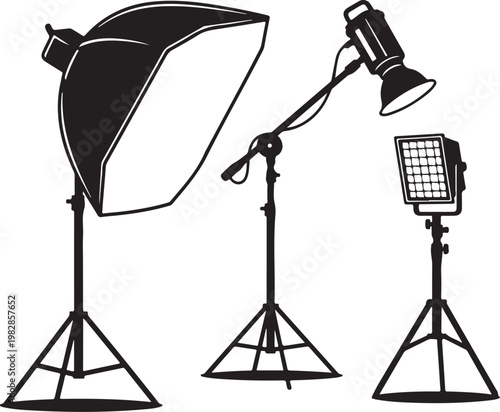 Studio lights, photography lighting equipment, softbox, spotlight, LED panel, vector icons