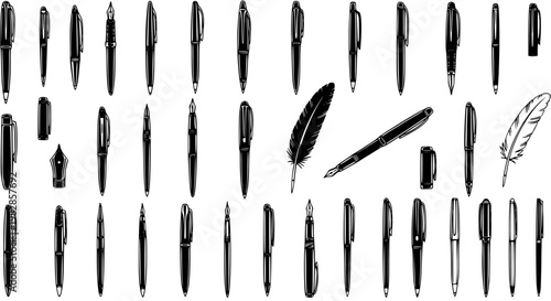Black and White Glyph Icons Set: Hand Drawn Vector Collection of Writing Instruments, Office Supplies, and Education Stationery featuring Various Pens, Fountain Pens, and Quill Feathers.